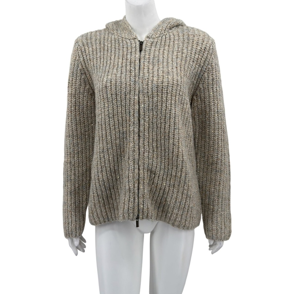 Soft Surroundings Sweater Women Medium Tan Chandra Sequin Hooded Zip Chunky Knit